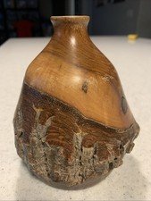VNTG Mid Century Hand Turned Live Edge Intricate Burl Wood Bud Vase 5.5  Signed