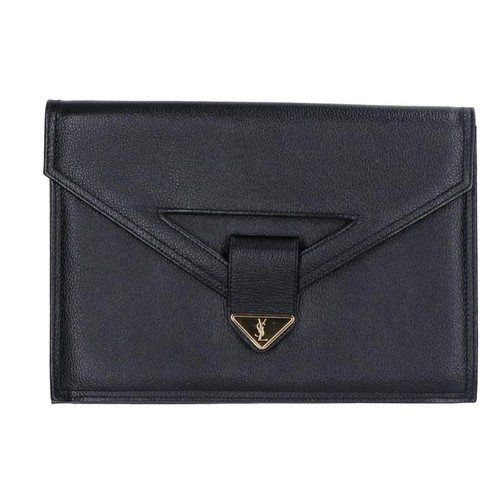 Yves Saint Laurent Vintage Logo Plate Leather Clutch Bag Black Gold Auth