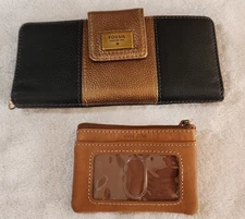 Fossil Leather Wallet & Mini ID Window Keychain Coin Zip Pouch  Brown Black VTG