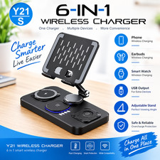 Y21 6-in-1 Qi Wireless Charger Stand Dock Fast Charge USB-C LED Black