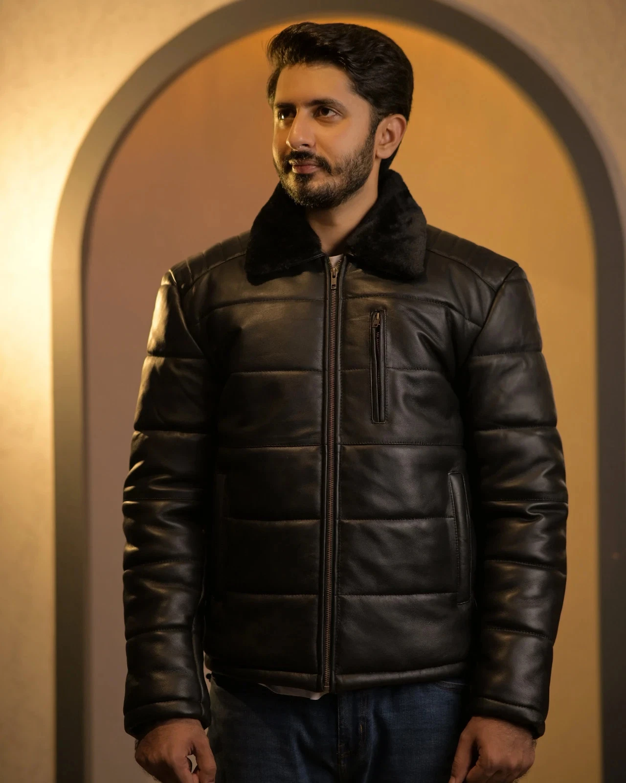 Mens Winter lambskin leather Luxurious Leather Puffer Jacket in ionic Black