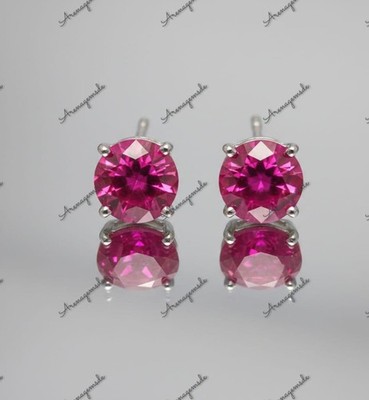 925 Sterling Silber Ohrstecker 2x Pinke Rubin Rund Schliff Prong Lobe