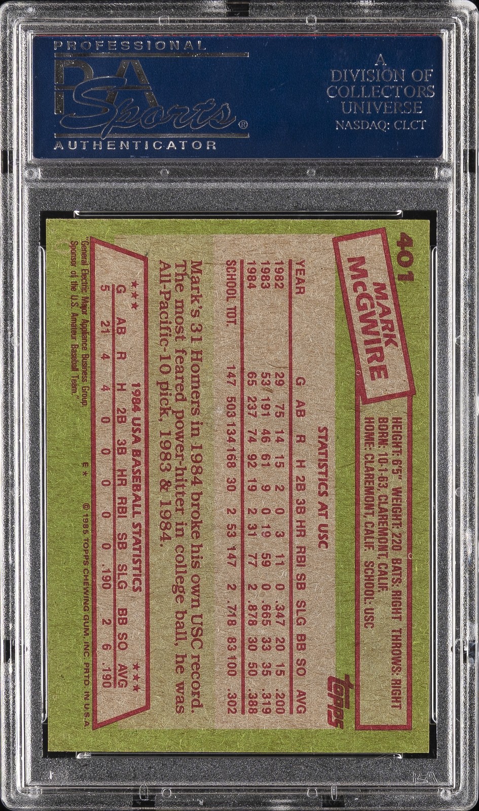 1985 TOPPS 1984 USA BASEBALL TEAM #401 MARK MCGWIRE ROOKIE RC PSA 9 view 2