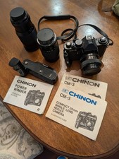 Chinon CM-3 35mm SLR Film Camera Body with Telephoto Lenses And Power Winder.