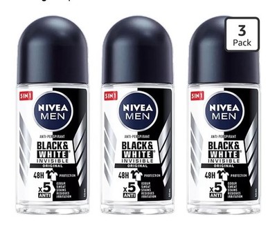 3 x  Nivea for Men Invisible for Black & White 48 Hours Deodorant Roll on 50 Ml