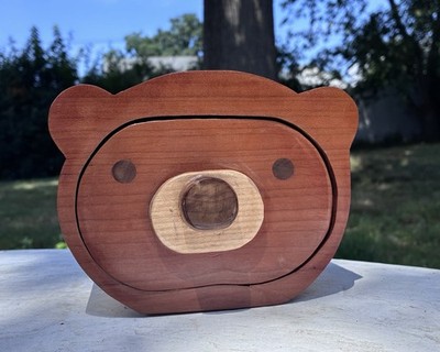 Handmade Wooden Teddy Bear Jewelry Trinket Box Blue Velvet Pull-Out Drawer