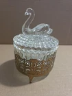 Vintage Jeanette Glass Swan Powder Box Covered Dish Lipstick Holder Top stand