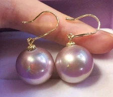 AAA+ 16mm Natural Australian South Sea pink purple Shell Pearl Earrings 14k Gold