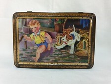 BOITE ANCIENNE TOLE LITHO DECOR ENFANT ET CHIEN. VINTAGE