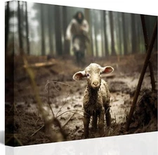 Jesus and Lamb Canvas Wall Art Jesus Running After Lost Lamb Picture Wall Art