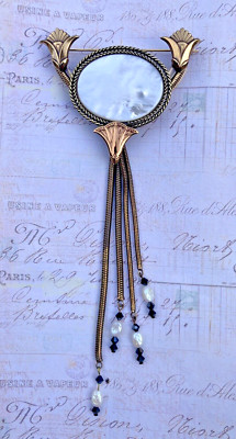 VTG Signed ERMANI BULATTI Brooch Gold Bronze Mother of Pearl Art Deco Dangles