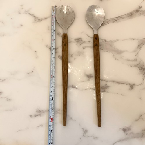 Par de utensilios MCM de acero inoxidable con mango de teca estilo danés vintage - Imagen 6 de 12