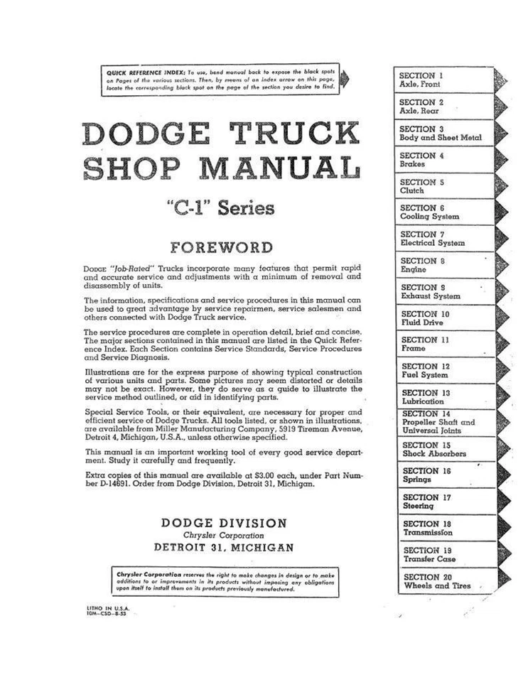 Para 1954-1956 Dodge C-Series Camión Power Wagon Manual De Taller. - Imagen 3 de 4