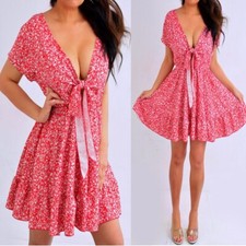 SHEIN Red Black Floral Short Sleeve Cut Out Ruffle Flowy Dress XS Extra Small