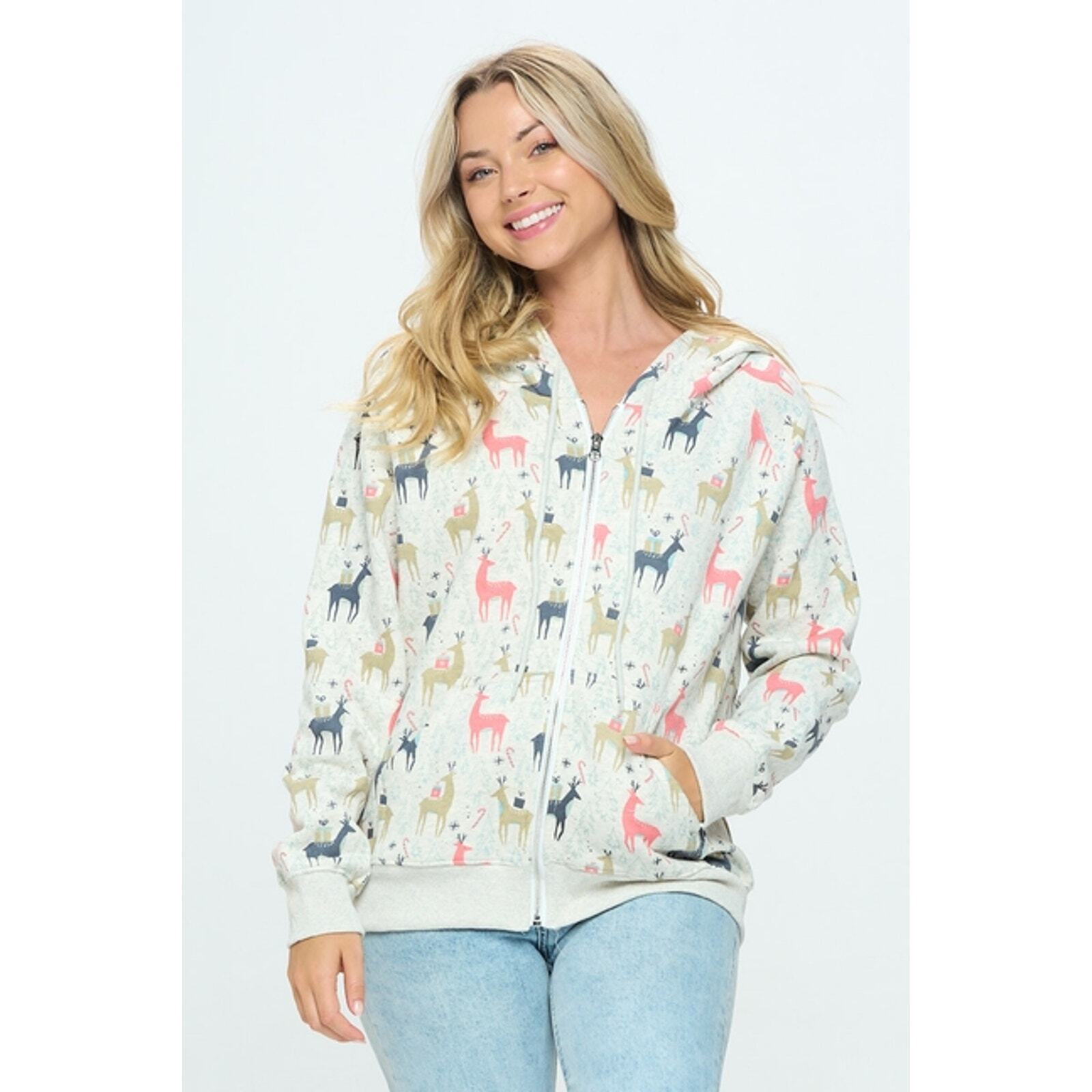 Colorful Reindeer Print Zip Up Hoodie – Large Size by SM Wardrobe-image