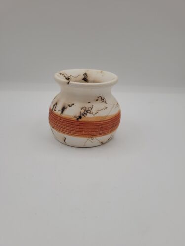 Horsehair Raku Pottery Vase Orange Stripe Texture Handmade Signed - Picture 3 of 7
