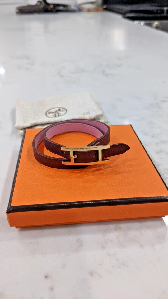 Pulsera HERMES Behapi Doble Tour Rosa/Vino Reversible con Oro "H" Color Raro Foto 3 de 4
