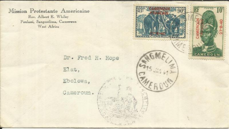 Cameroun Sc#268,#259 SANGMELIMA 15/JAN/41 WWII Censor to Ebolowa