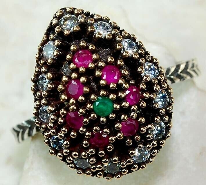 Ottoman Empire Inspired 2CT Treated Emerald 925 Sterling Silver Ring Size 7.5