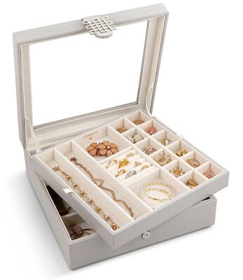 Co 28 Section Jewelry Box - 2 Layer - Buckle Snap & Magnet Closure - Large Gl...