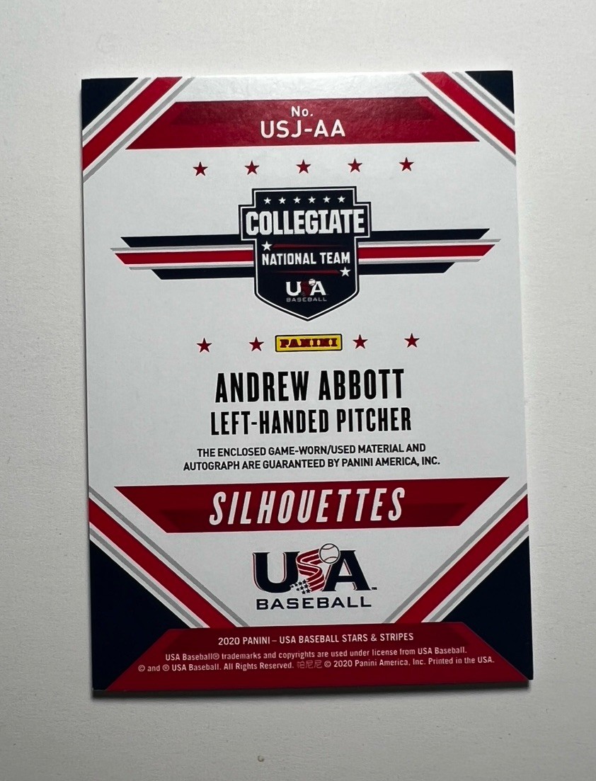 2020 Panini USA Baseball /213 Andrew Abbott RC AUTO PATCH #USJ-AA view 2