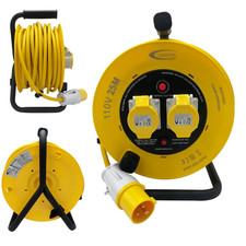 Cable Reel 25m 110V Outdoor Extension Lead 2.5mm 2 Way 16 Amp Sockets and Plug