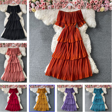 Women Off Shoulder Dress Midi Short Sleeve Ruffle Pleated Layered Casual New