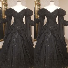 Gothic Black Wedding Dresses Off Shoulder Long Puff Sleeve Ruffly Bridal Gowns