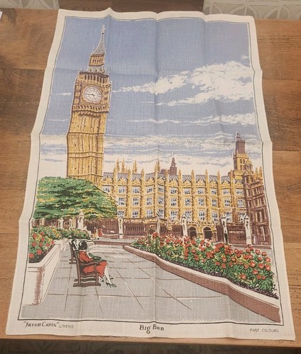 Vintage BIG BEN London Tea Towel Irish Linen Big Ben Souvenir Preowned - Picture 2 of 7