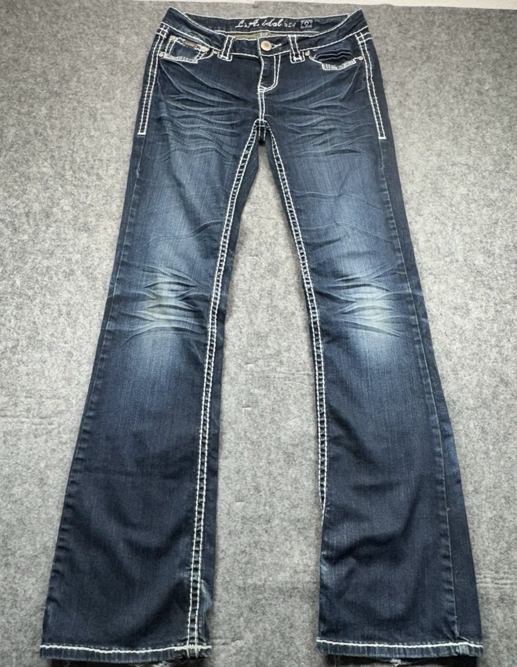 LA Idol Women’s Size 9 Bootcut Jeans Distressed Dark Wash Embroidered Western - Image 2 of 4