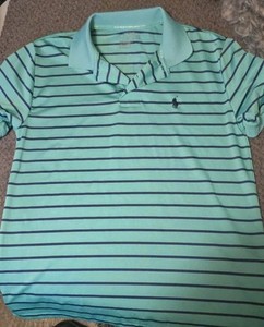 Boys Polo Collared Shirt Teal Green With Navy Blue Stripes