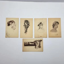 Lot of 5 Antique Black & White Edwardian Pretty Lady Art c1907–1912 Postcards