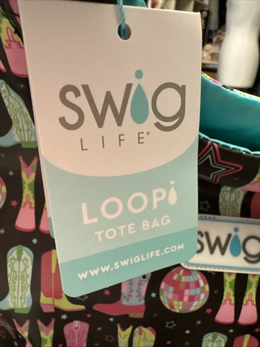 NEW Swig Disco Cowgirl Loopi Tote Cooler Bag NWT Insulated Cowboy Boots Pink Art - Afbeelding 2 van 9