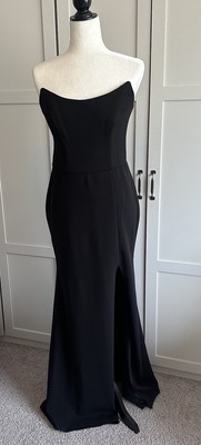 BETSY & ADAM  Strapless Dress Black Tie Stretch Scoop Slit Maxi Gown Sz 8 Rare