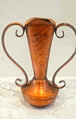 VTG Gregorian Solid Copper (Marked) Vase 6.5'' Double Handle 1950s MCM Art Deco