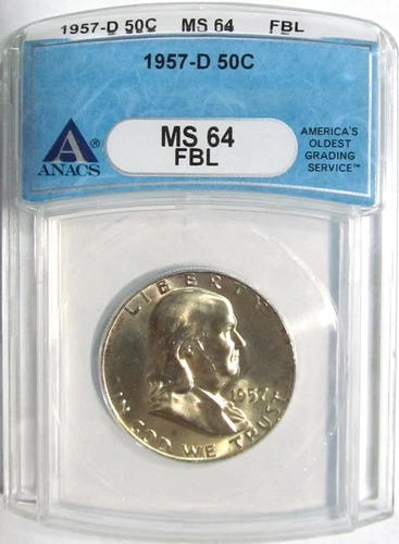 1957-D FRANKLIN Silver Half Dollar ANACS MS 64 FBL