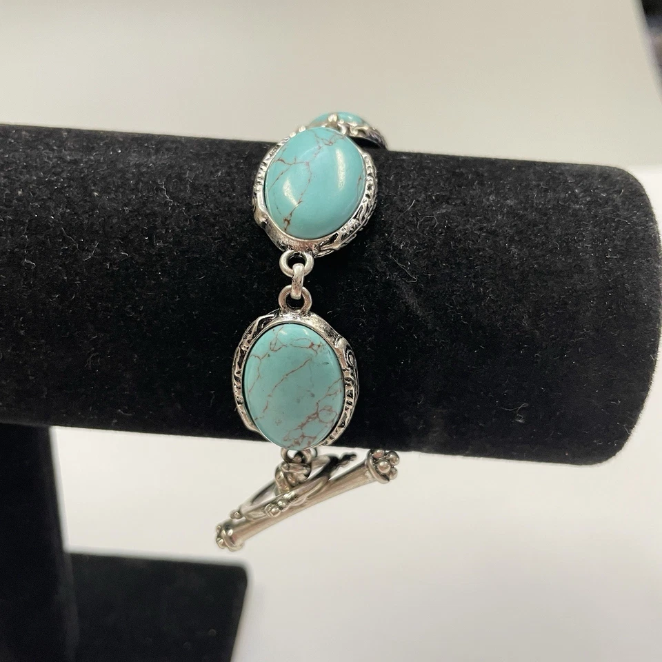 Pulsera de cadena vintage Lucky Brand imitación resina turquesa tono plata eslabón palanca Foto 3 de 4