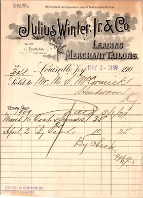 Julius Winter Co Louisville KY 1909 Illustrated Billhead Merchant Tailors