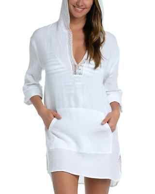 La Blanca X4319 Hooded Dress Cotton Crinkle Cover up, White, M
