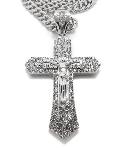 Gold Plated Cubic Zirconia Large Jesus Cross Charm Franco Cuban Chain Necklace - Picture 83 of 165