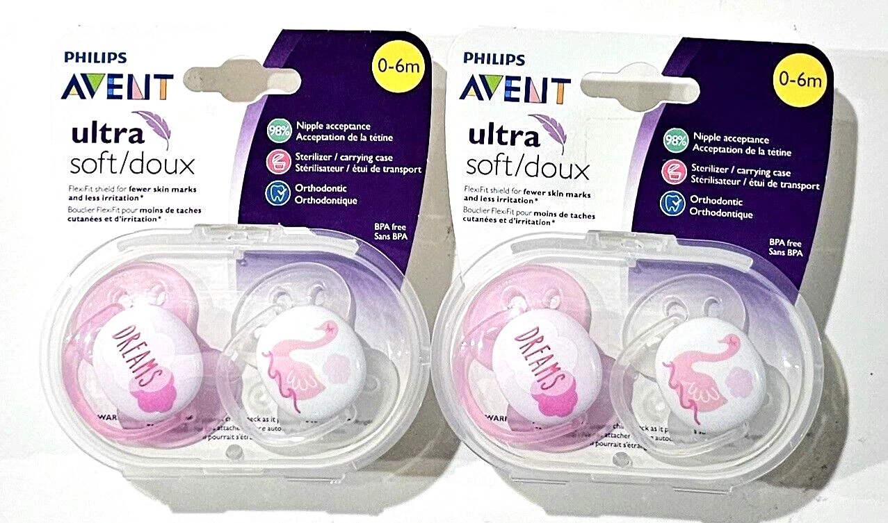 2 Packs Of 2 Philips Avent Ultra Soft 0-6m Pink Pacifier