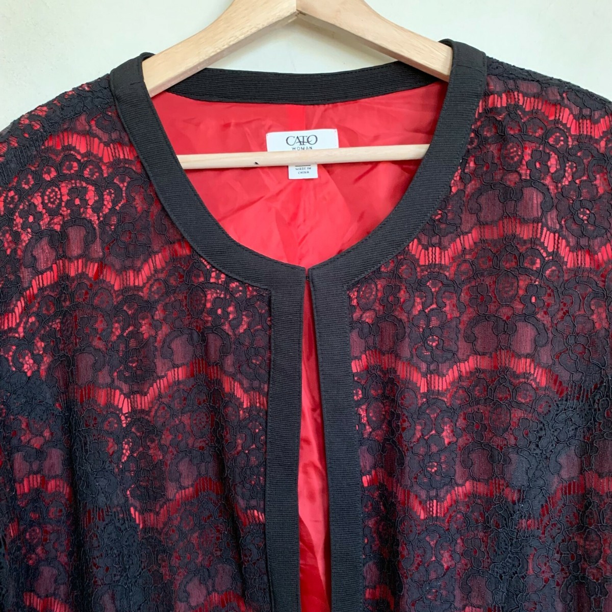 CATO Jacket Black Overlay Embroidered Red Lining Collarless Trim