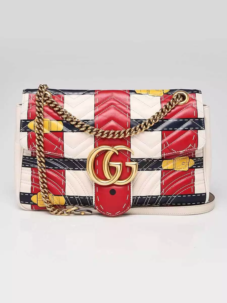Gucci White Leather Marmont Metalasse Trompe L oeil Medium