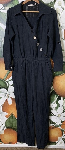 Soft Surroundings Medium Cannes Jumpsuit Black Crinkle Gauze Long Sleeve