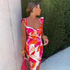 Women's Fashion Spaghetti Strap Floral V Neck Slit Hip Package Midi Dress 8498 