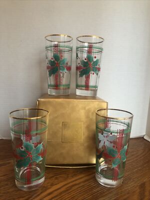 Mikasa Holly Berries High Ball 15 Oz Glasses, Set Of 4 Glasses And Original Box