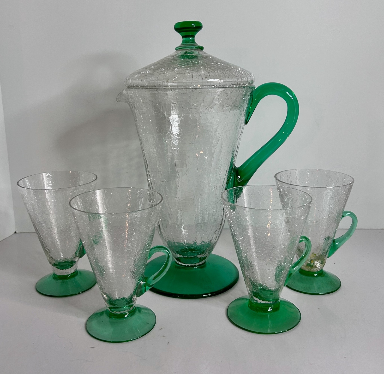 Vintage CRACKLE Glass Water Set Pitcher and 4 Tumblers Arctic Green Handle Base