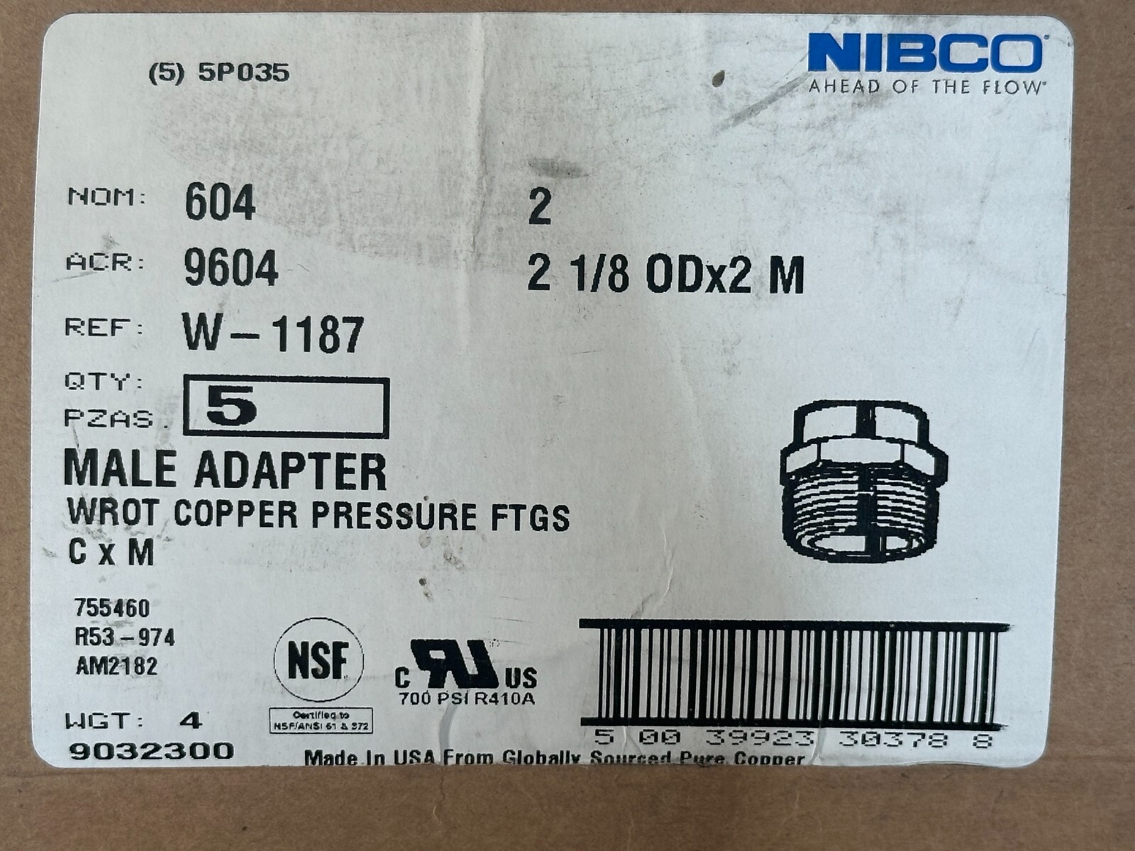 Box of 5 NIBCO 604 2 2-1/8" Wrot Copper Male Adapter C x M 9032300 W-1187 5P035