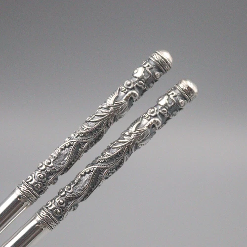 Palillos de plata fina real 999 mango de dragón y fénix palillos saludables - Imagen 1 de 24