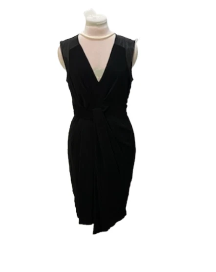 HALSTON Heritage Mujer LBD Negro Cuero Cortina Contraste Vestido Talla 2 Trajes de Lujo Foto 2 de 4